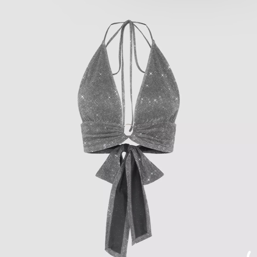 Glitter O-ring backless halter top